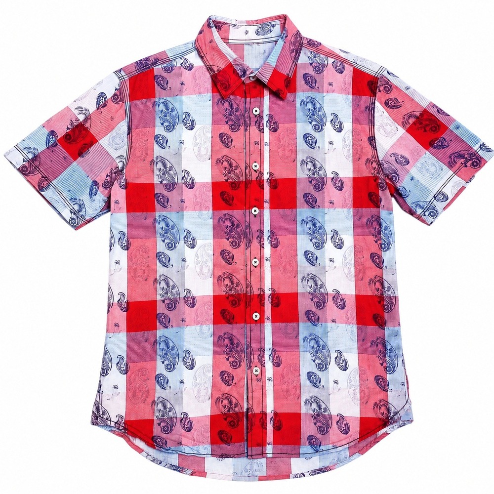 Vintage Italia c.1958 Men S Plaid Paisley Shirt Short Sleeve Boho Western Cotton